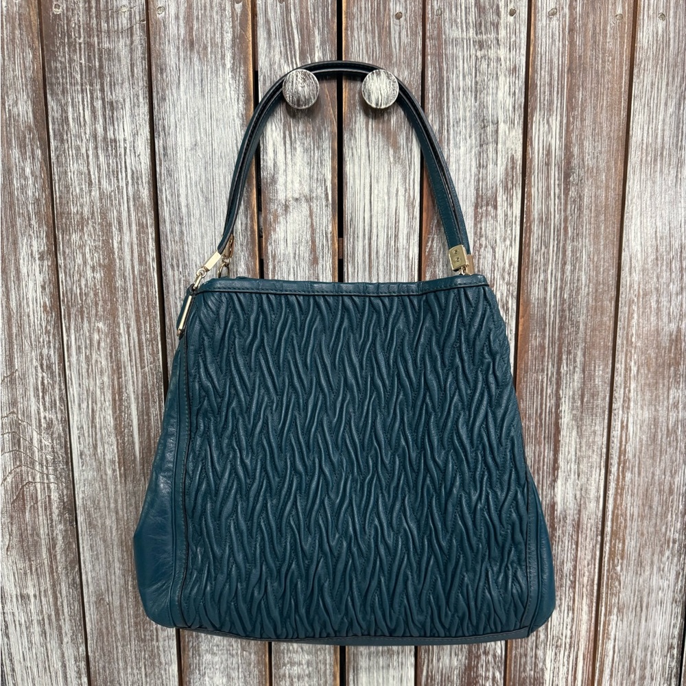 Coach Madison Phoebe Gathered Twist Teal Leather Shoulder Bag - Picture 2 of 8